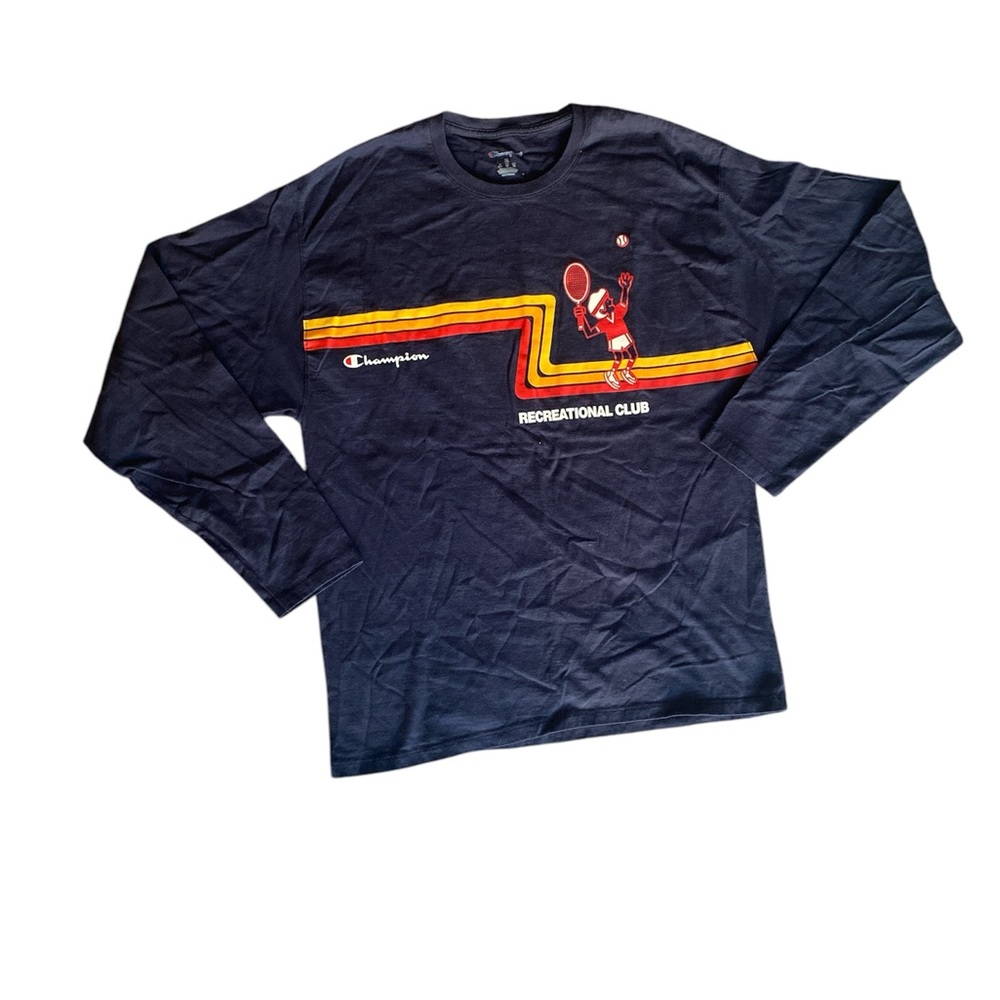 Champion Navy Blue Long Sleeve Shirt with Retro Tennis Club Graphic, Men’s XL